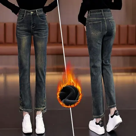 水泥灰牛仔裤女2023秋冬新款显瘦纽扣开叉九分裤韩版直筒烟管裤图片