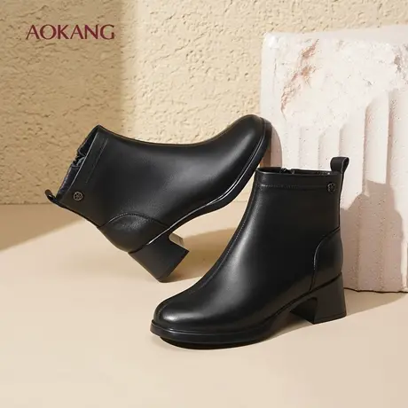 奥康 女鞋2025冬季新款低跟保暖女靴加绒百搭马丁靴L图片