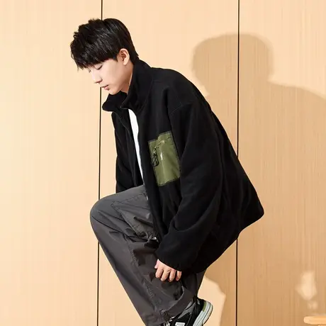 唐狮冬季新款摇粒绒外套男短款立领拼接绣花宽松加厚保暖夹克TD商品大图