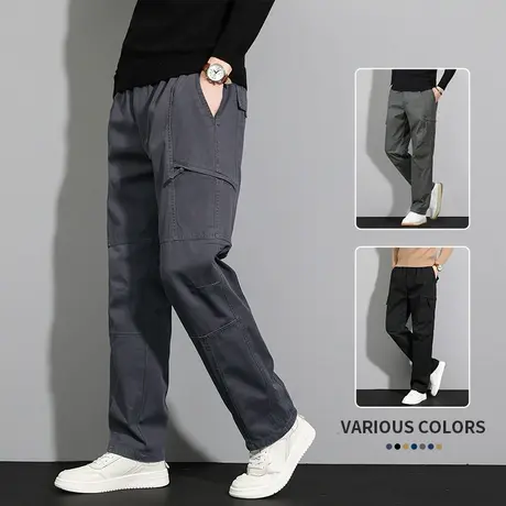 休闲工装裤男秋冬宽松厚款直筒大码秋季男裤松紧腰中老年爸爸裤子商品大图