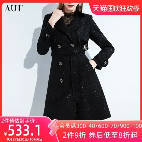 AUI名媛小香风中长款外套女秋冬2022年新款高端气质黑色修身大衣图片