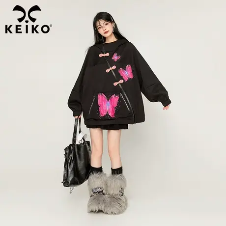 KEIKO 甜酷蝴蝶印花加绒卫衣23秋冬国风小众设计oversize连帽外套图片