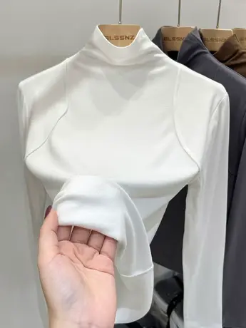 磨毛t恤女长袖秋冬2023新款高级感上衣显瘦高领加绒打底衫女内搭商品大图