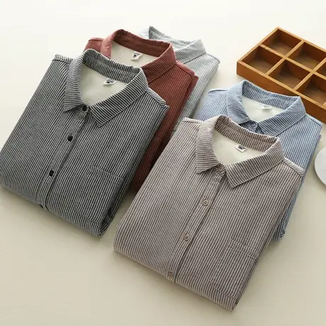 保暖条纹衬衫女2023年秋冬新款加绒加厚打底长袖上衣宽松休闲衬衣商品大图