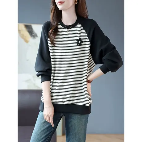 宝诗黎圆领条纹拼接长袖钉珠上衣女春秋款棉质宽松卫衣2023年新款商品大图