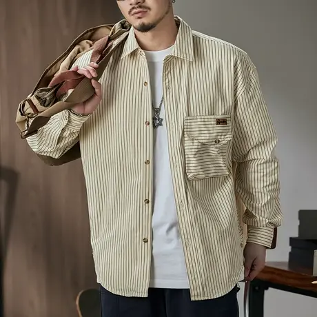 衬衫长袖男士条纹经典古巴风活性染色面料柔软休闲春秋衬衣男款图片