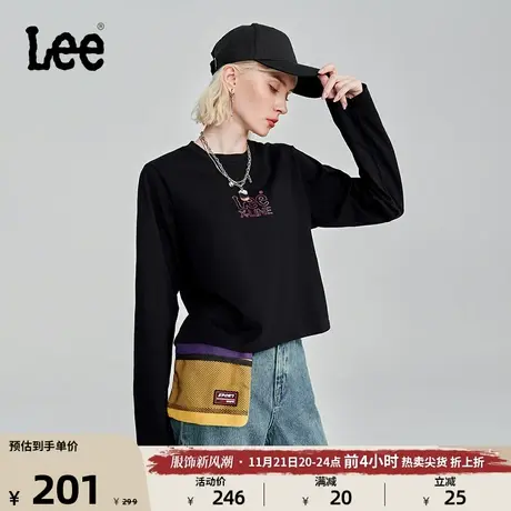 Lee舒适版黑色短款logo绣花圆领女长袖T恤潮LWT0073313RX-K11图片