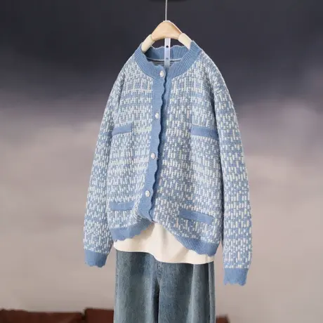 2023新款韩版宽松圆领长袖小香风针织衫开衫毛衣女士百搭外套上衣商品大图