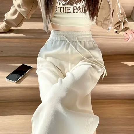 白色抽绳束脚运动裤女秋季新款宽松百搭灯笼裤欧美高腰直筒卫裤子商品大图