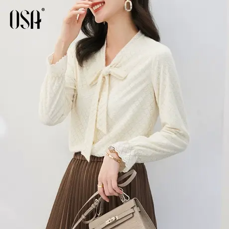 OSA欧莎法式v领飘带雪纺衫女秋装2022年新款镂空蕾丝小衫长袖上衣商品大图
