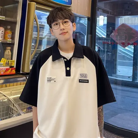 潮流拼色翻领短袖POLO衫男2024夏季新款港风衣服宽松透气休闲上衣商品大图