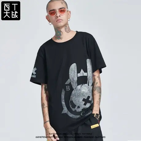 国潮T恤男短袖纯棉潮流欧美街头疯狂兔子联名男士ins风初春打底衫商品大图