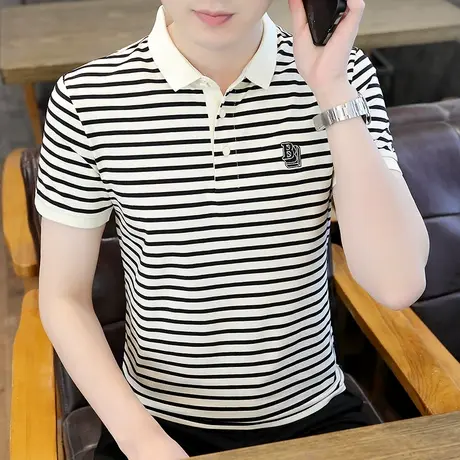 港士博条纹男t恤短袖高端夏装刺绣纯棉Polo衫男商务休闲年轻爸爸商品大图
