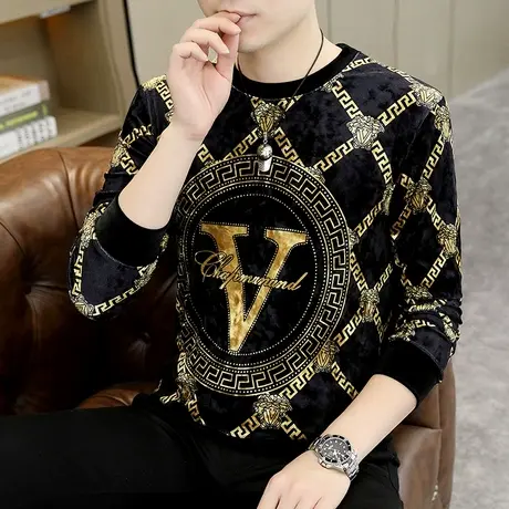 潮牌卫衣男士欧洲站秋装高端设计感印花痞帅个性长袖金丝绒上衣服图片