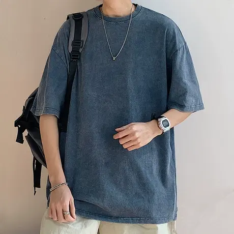 短袖t恤男日系简约棉感重磅学生宽松潮流百搭美式纯色上衣服夏季商品大图