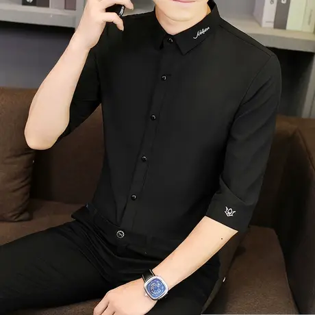 2025春夏季休闲免烫衬衫男修身短袖五分袖冰丝男士商务中袖衬衣服商品大图