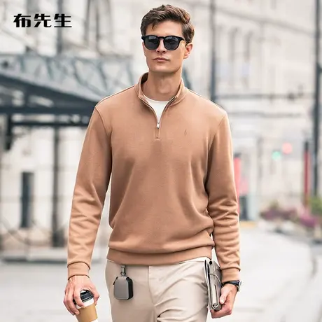 MrBu布先生新疆棉长袖T恤男士春秋商务休闲拉链立领半高领黑上衣商品大图