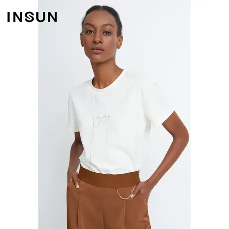 INSUN恩裳夏季金属链条棉质白色T恤商品大图