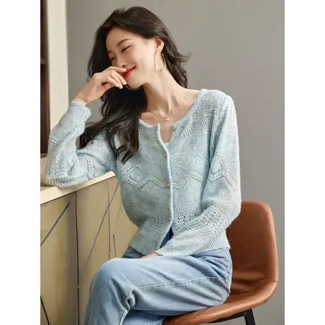 时尚气质蓝绿混色针织开衫2023年秋季新款淑女温柔宽松显瘦上衣图片