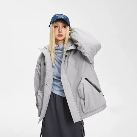 纯色复古运动风连帽棉服女冬季加厚外套2023新款潮牌宽松保暖棉衣商品大图