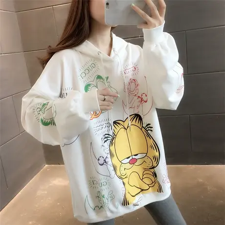 2023秋季新款宽松韩版中长款卫衣女连帽时尚卡通印花洋气减龄上衣图片