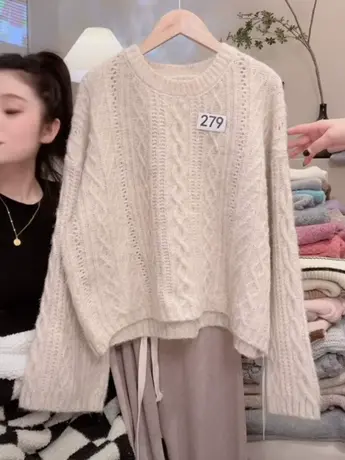 慵懒风杏色套头针织衫女2023秋装新款宽松显瘦温柔百搭麻花毛衣洋图片