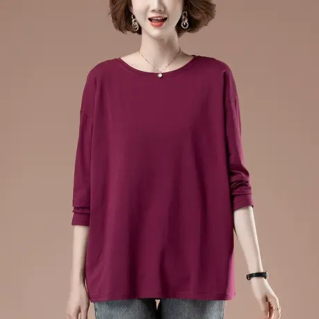 纯棉长袖t恤女春秋新款大码女装宽松中年妈妈百搭纯色显瘦打底衫商品大图