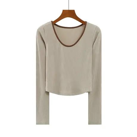 早春新款韩版圆领拼色纯色修身短款纯棉长袖体恤上衣内搭女高腰商品大图