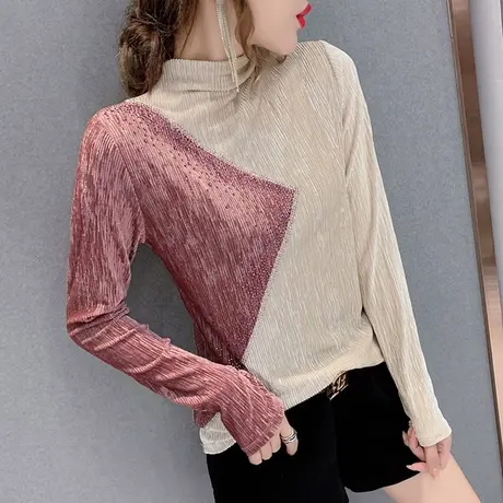 半高领灯芯绒打底衫女秋冬时尚烫钻T恤女长袖设计感撞色洋气上衣商品大图