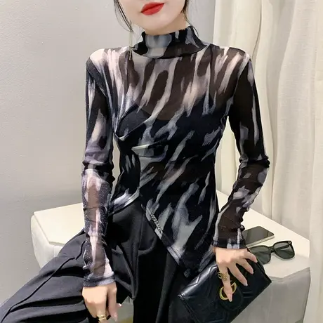 不规则开叉褶皱立领T恤女长袖性感印花打底衫气质减龄修身上衣ins商品大图