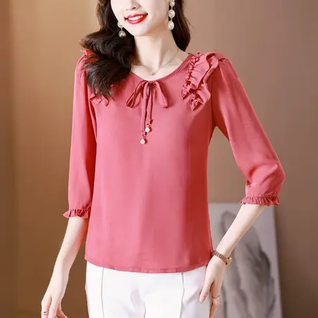 漂亮雪纺衫女夏季2023年新款大码遮肚显瘦大码宽松女士七分袖小衫商品大图