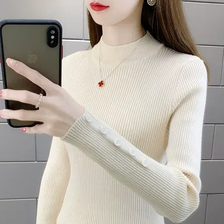 半高领纽扣修身针织打底衫女2023秋冬新款内搭毛衣显瘦百搭上衣女商品大图