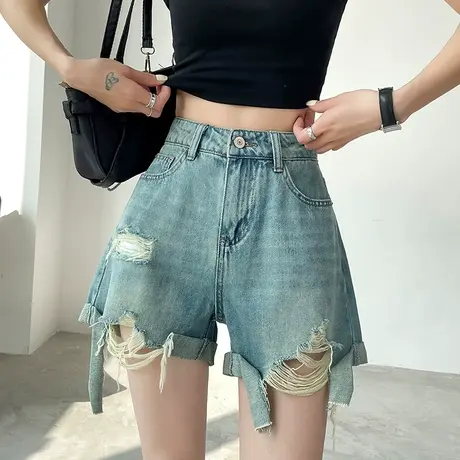 复古做旧牛仔裤女设计感小众拉丝破洞高腰显瘦夏季薄款辣妹热裤潮商品大图