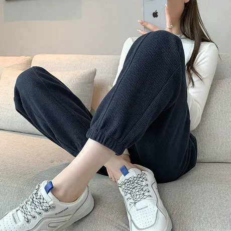 华夫格运动裤女2024年春秋新款高腰宽松显瘦ins九分休闲束脚卫裤图片