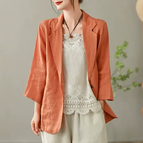 dza 复古纯色苎麻西装短外套女2023休闲西服外搭宽松棉麻开衫上衣图片