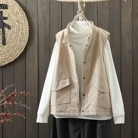 枫谜2021年秋冬新款文艺简约纯色夹棉马夹女宽松百搭加厚立领马甲图片