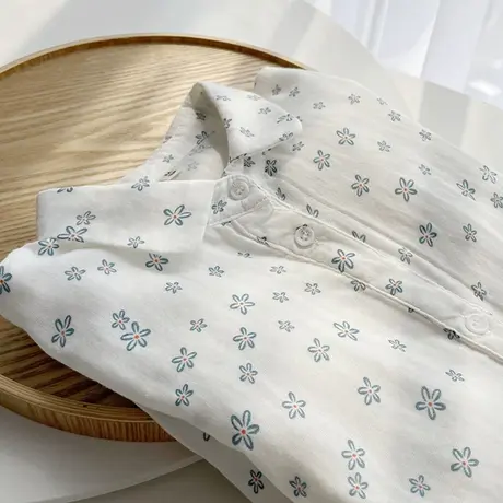 2022春秋文艺小清新碎花双层纱纯棉白衬衫女学生宽松百搭打底上衣图片