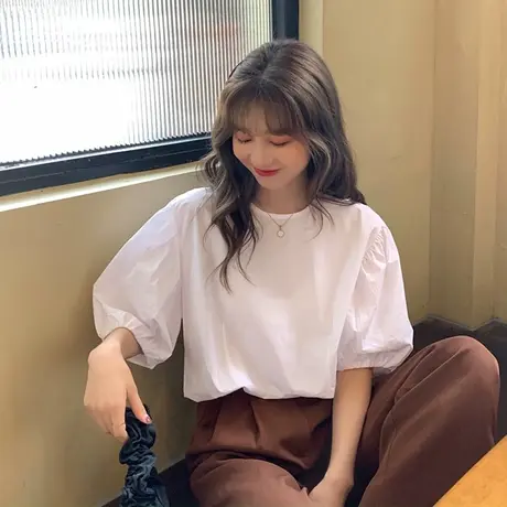 白色泡泡袖上衣女宽松法式气质短袖衬衫设计感港风百搭时尚洋气潮商品大图