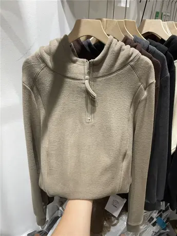 灰色连帽半拉链双面德绒加厚卫衣女2023秋冬新款宽松明线拼接上衣商品大图