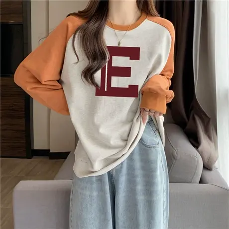 撞色拼接ins潮牌插肩袖卫衣女春秋冬装宽松加厚加绒保暖外套上衣商品大图