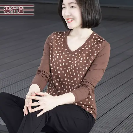 2025春季新款简约休闲V领拼波点撞色长袖宽松T恤女装外穿大码上衣商品大图