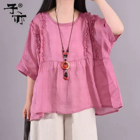 子亦夏装新款文艺苎麻短袖上衣休闲纯色宽松拼接木耳花边衬衫商品大图