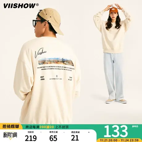 VIISHOW卫衣男秋季新款美式复古风景印花潮牌情侣圆领落肩外套图片