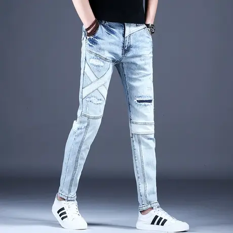 2023新款拼接破洞牛仔裤男款修身小脚裤子男秋冬薄款高端潮牌夏天商品大图