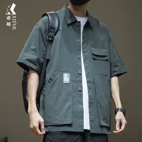 工装短袖衬衫男薄款夏季休闲t恤男士夏装宽松大码户外运动衬衣潮商品大图