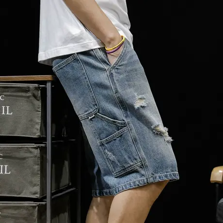 破洞牛仔短裤男五分裤潮牌工装2024夏季宽松大码裤子5分中裤外穿商品大图