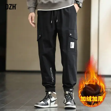男士黑色加绒裤子男款工装裤男裤2023新款秋冬休闲运动裤束脚裤商品大图