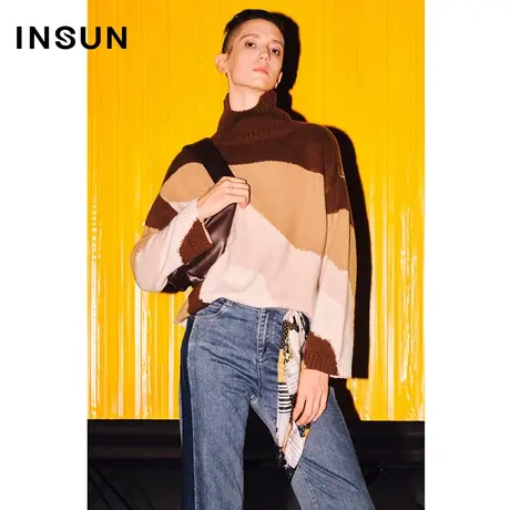 COVER冬季挂毛工艺撞色拼接高领毛织衫商品大图