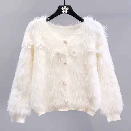 小香风立体花朵水貂绒毛衣外套女冬季2023新款温柔风软糯针织开衫商品大图