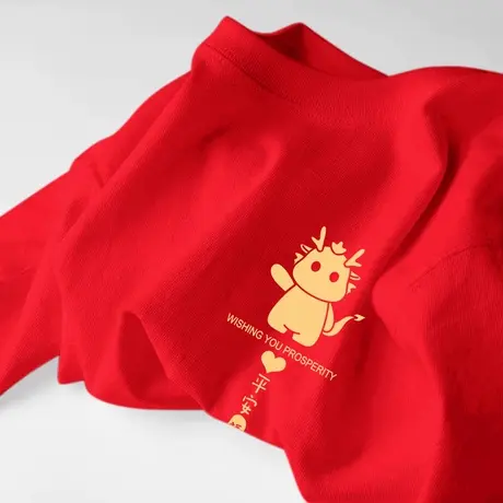 短袖t恤女2024冬季新款龙年本命年衣服红色纯棉内搭打底上衣商品大图